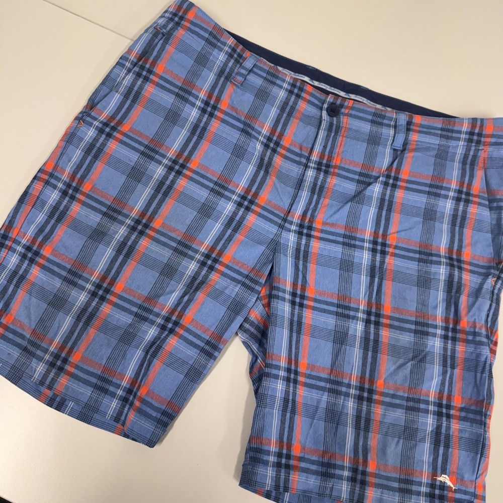 Tommy Bahama Plaid Performance Shorts Mens 40 Blue Orange Stretch Marlin Logo